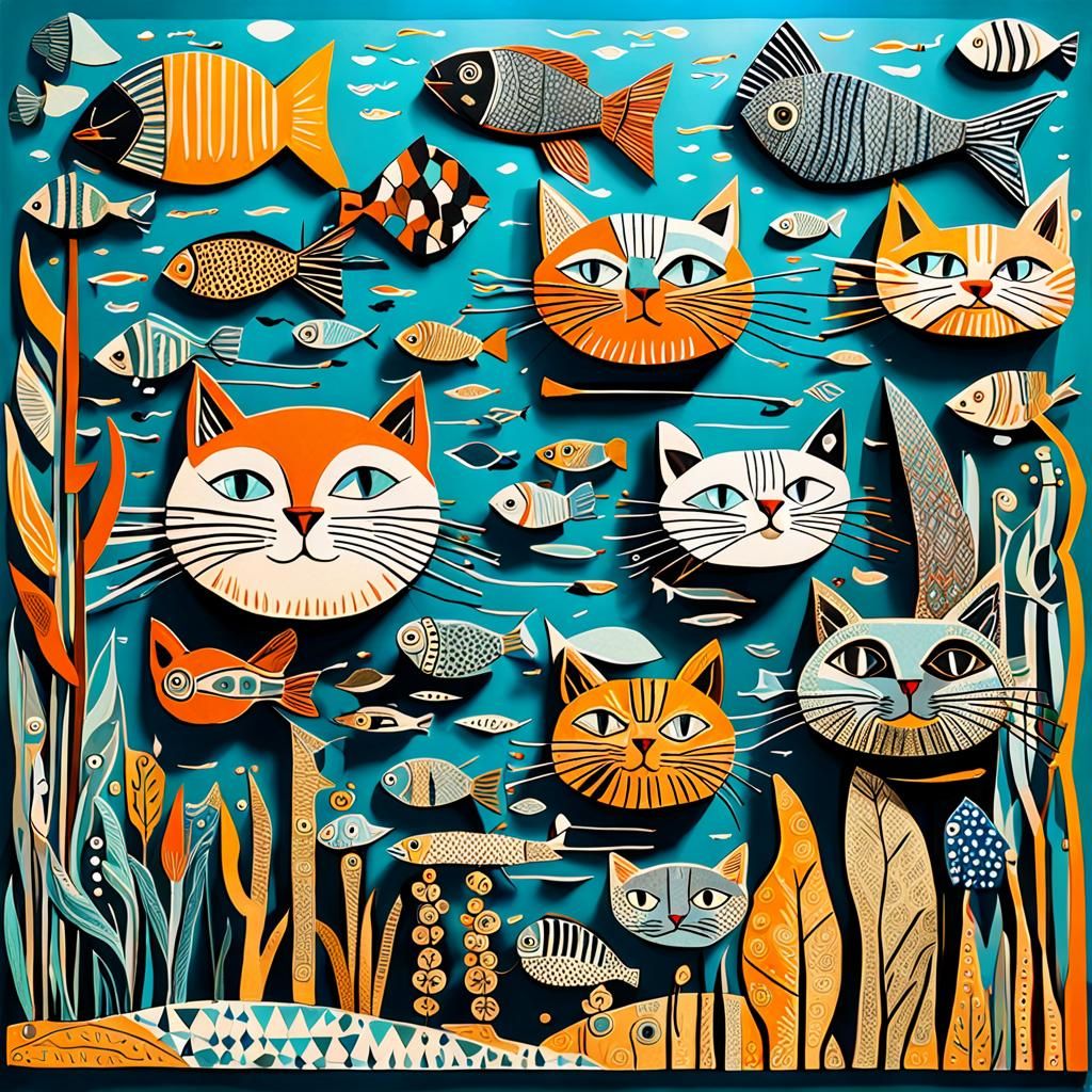 Whimsical Cats Fishing: Intricate 3D Artwork