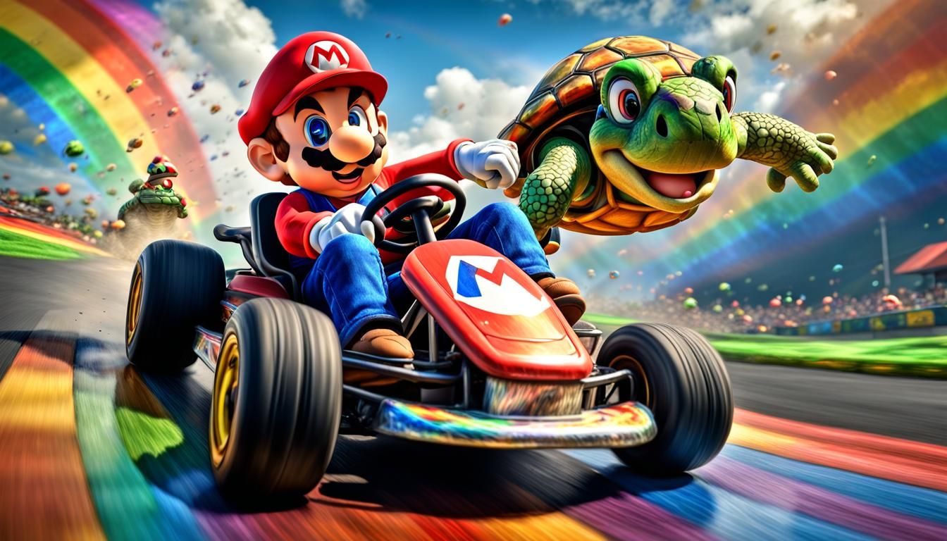 Mario on Go-Kart over Rainbow, Hyperrealistic