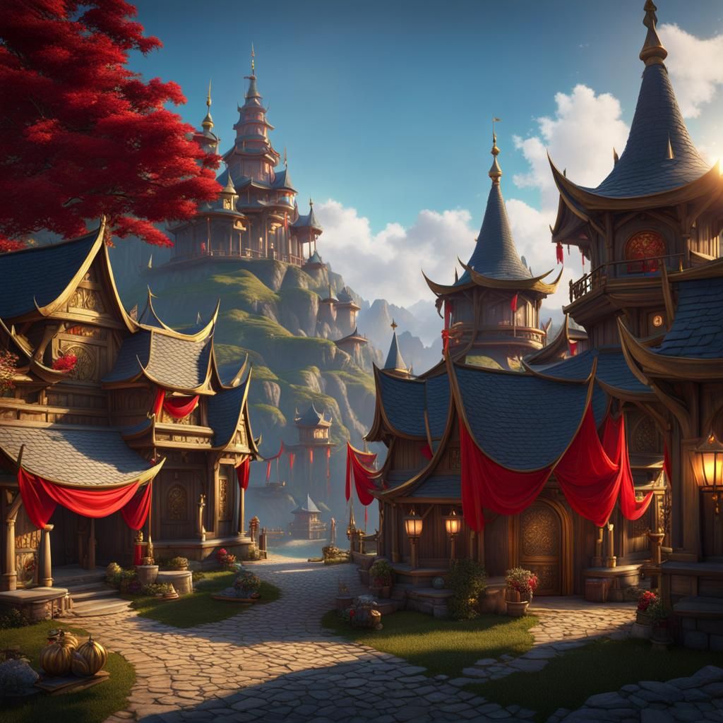 Fantasy Village with Red Banners in Detailed Matte Painting