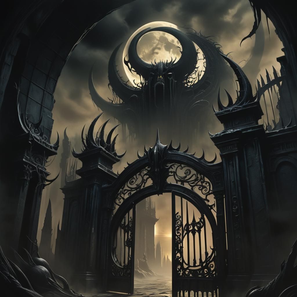 Black Moon Over Underworld Gate in Dark Fantasy Art
