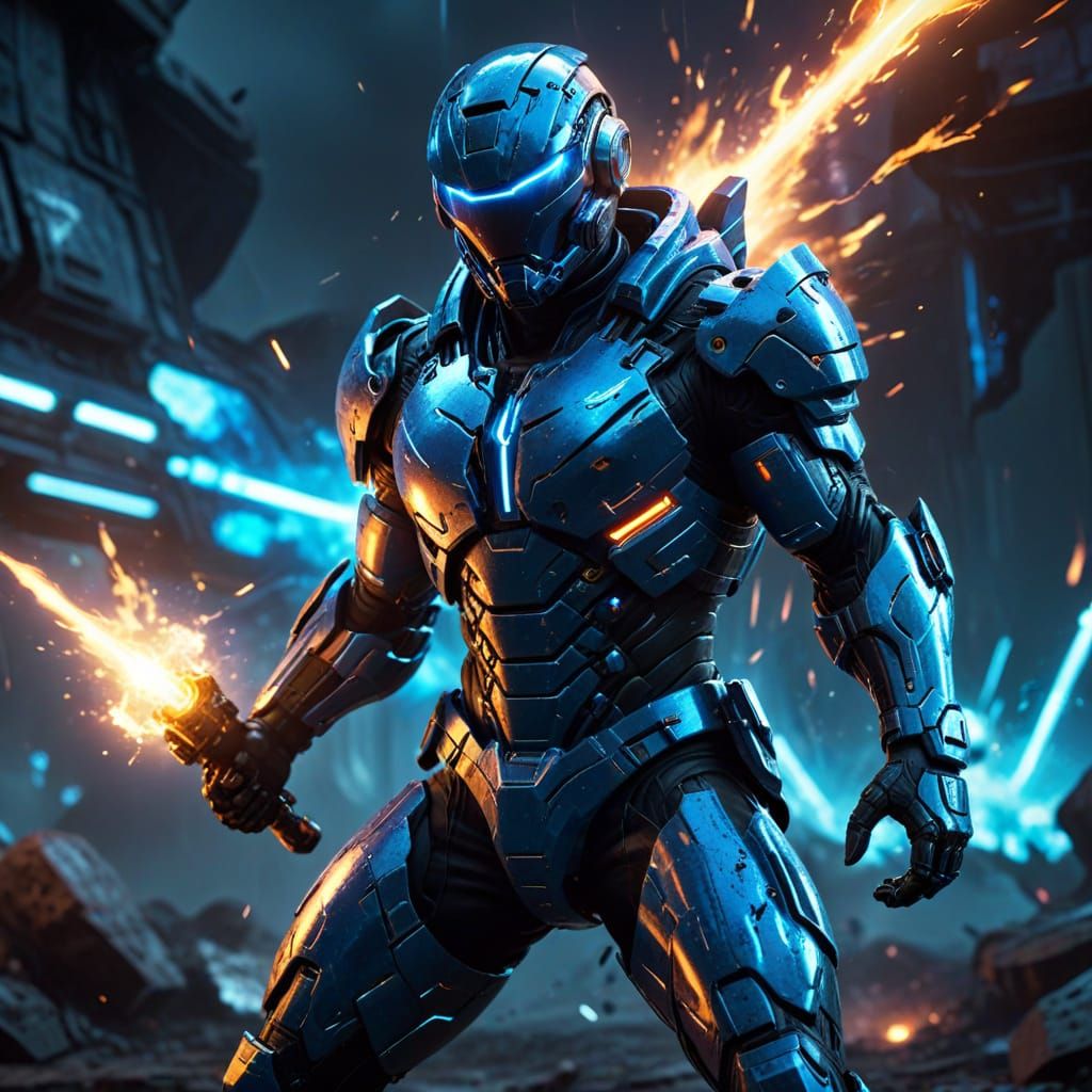 Futuristic Warrior in High-Tech Battle Suit