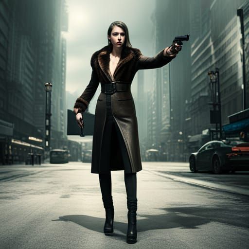 Dramatic Female Mafia Boss with Gun in Digital Painting