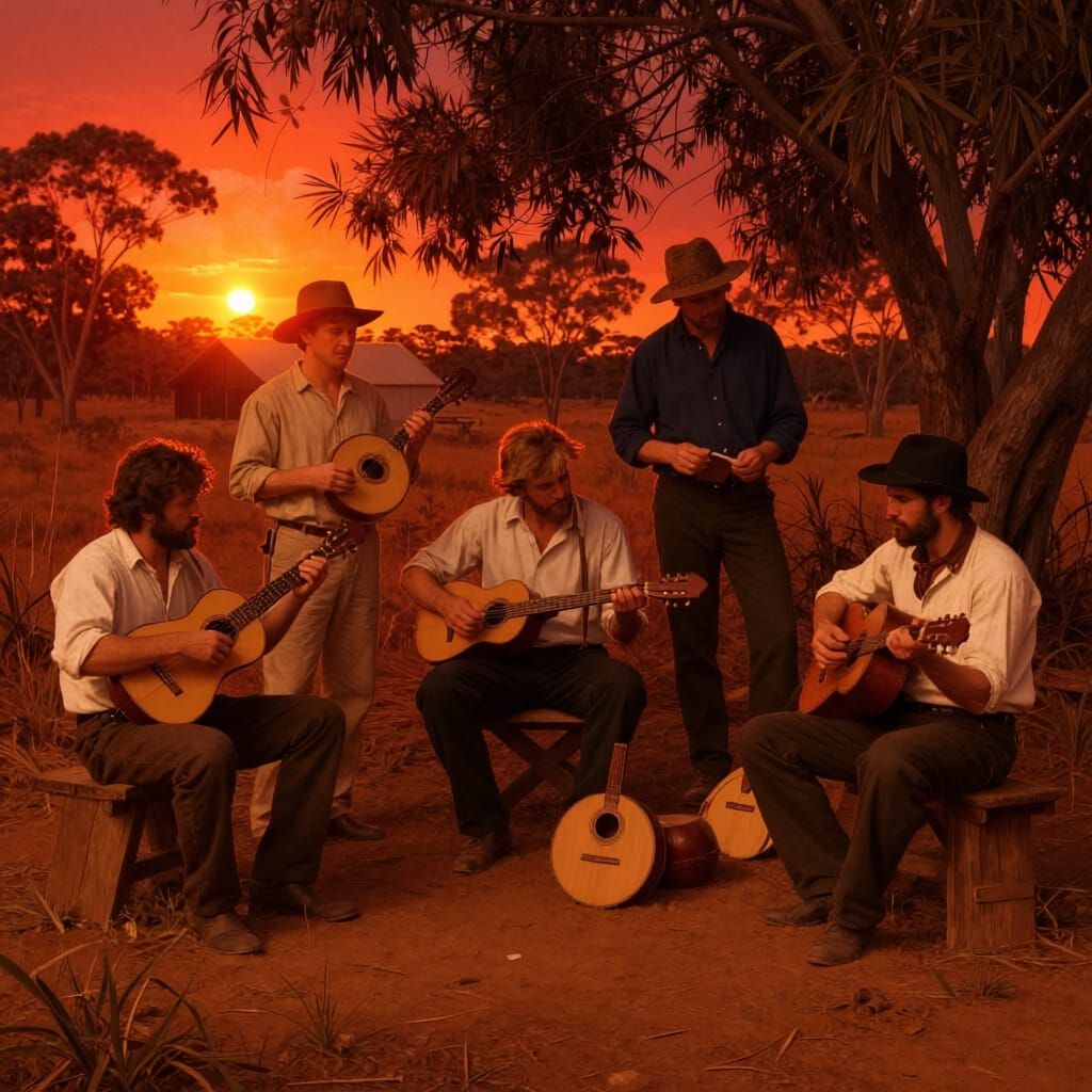 Colonial Australian Musicians in Rustic Setting