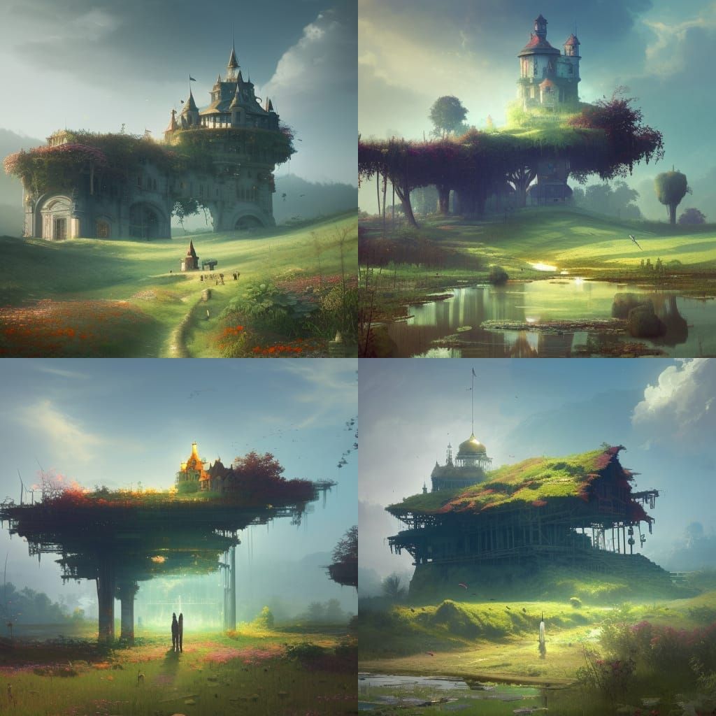 Solarpunk Castle Overlooking Savannah Farm, Detailed Illustr...