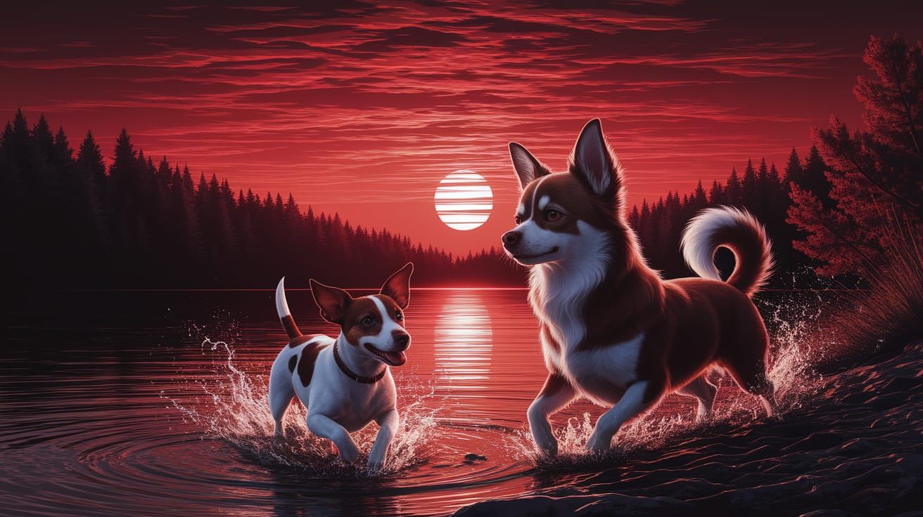 Sunset Lake Scene with Dogs in Art Nouveau Style