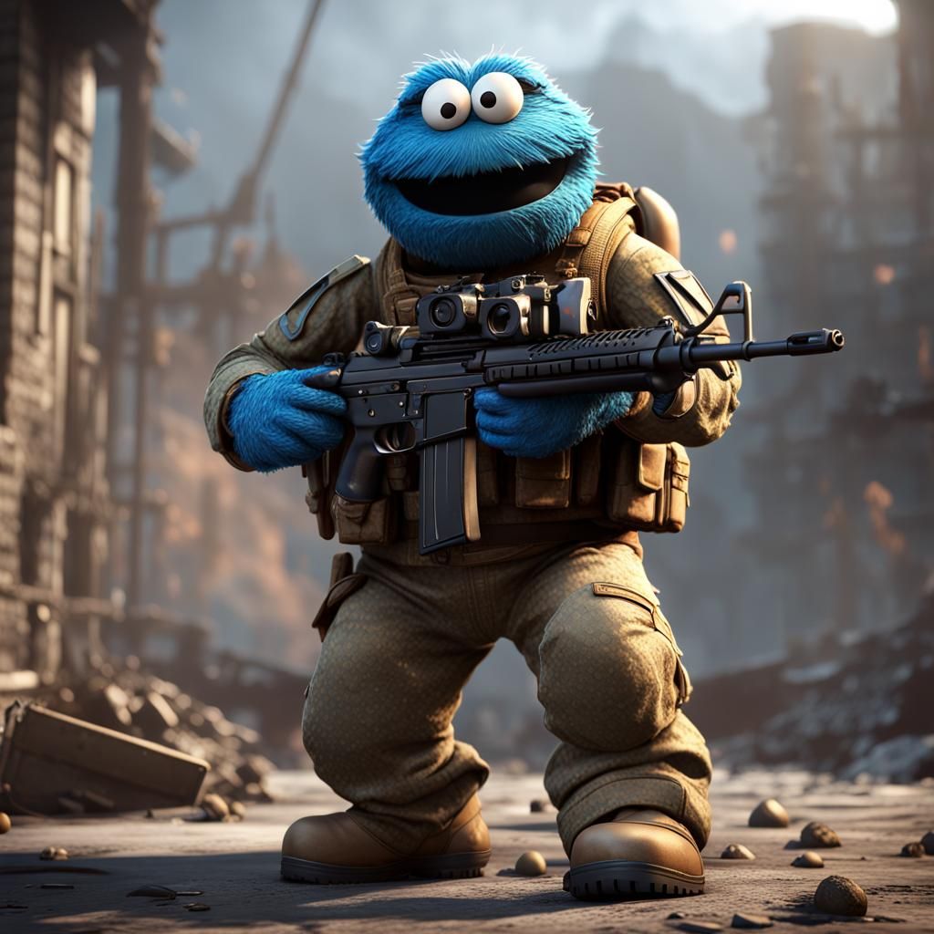 Cookie Monster as Soldier in 3D Game Style