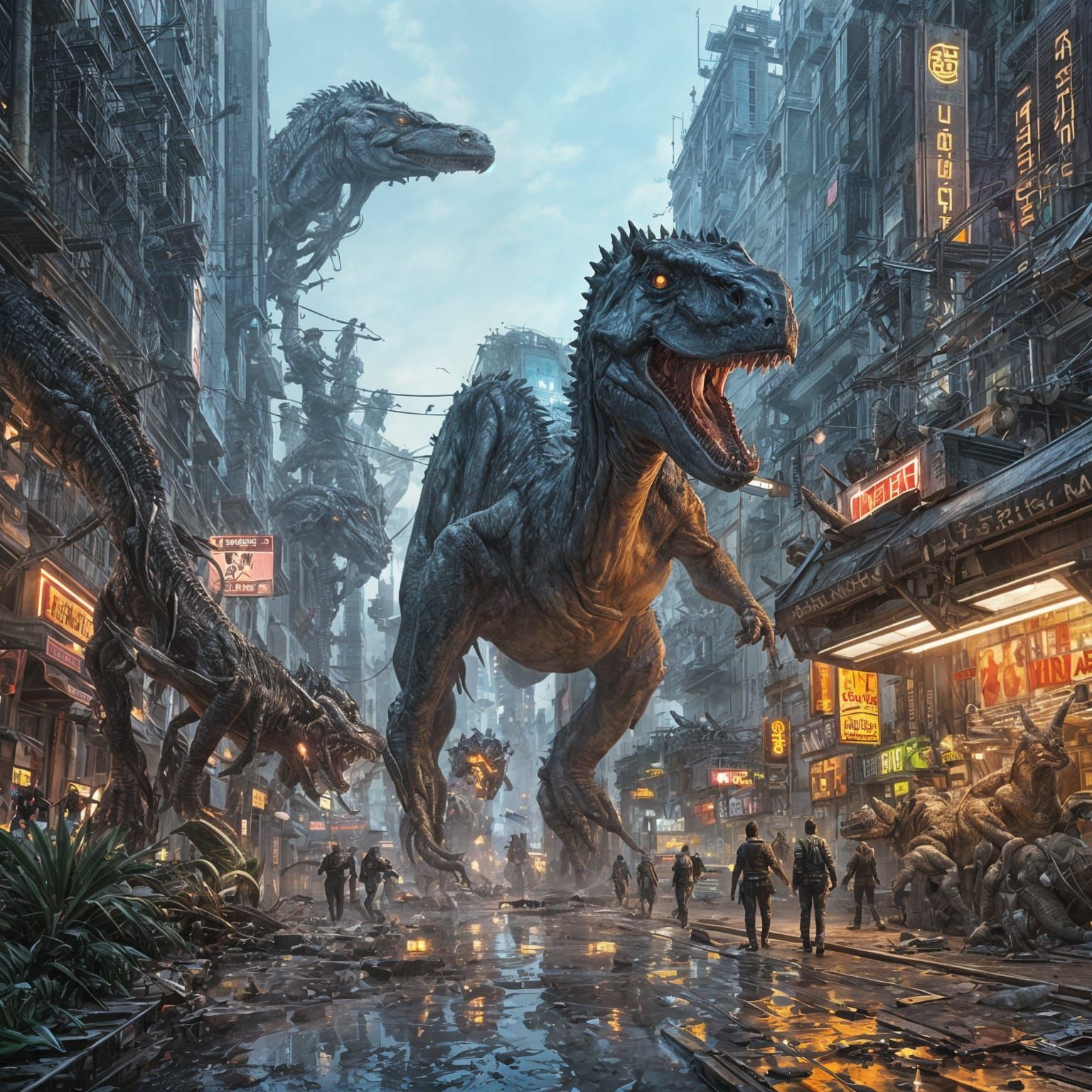 Dinosaurs Roam Cyberpunk City: Biophilic Digital Art