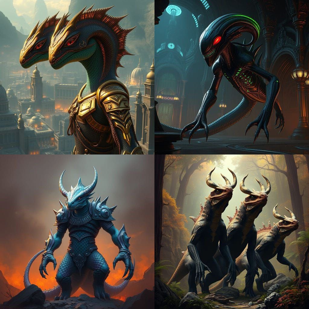 Surreal Reptilian Humanoids in Vibrant Fantasy World