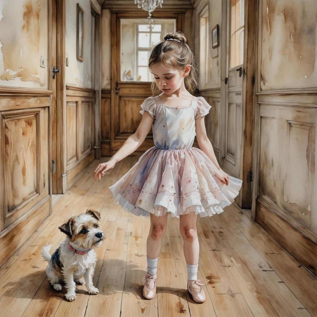 Cute Ballerina and Dog in Watercolour Hallway