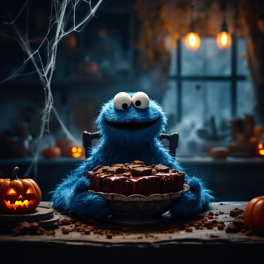 Cookie Monster's Halloween Feast: A Cinematic Horror Scene