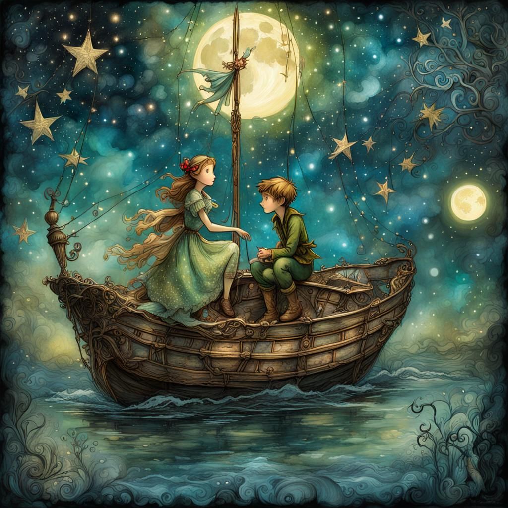 Peter Pan and Wendy in Whimsical Mixed Media Art