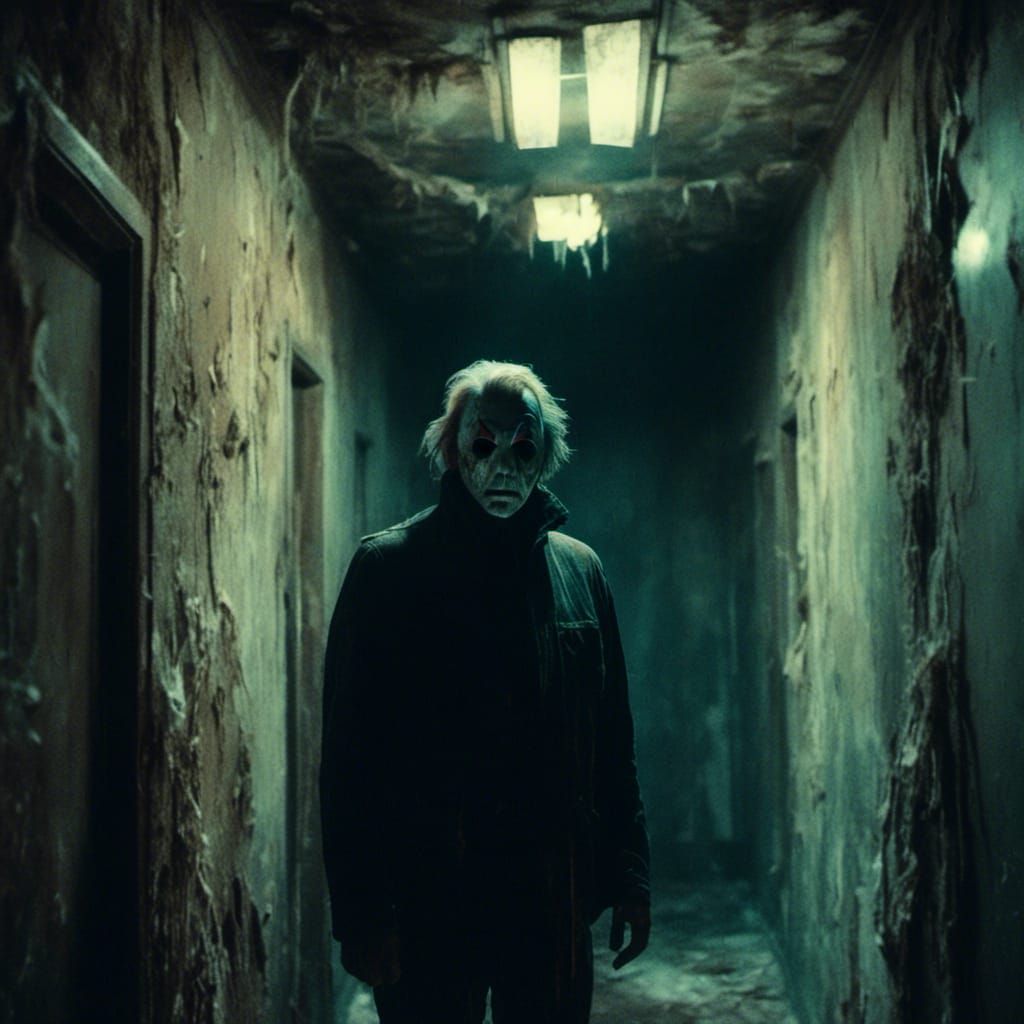 Michael Myers in Ominous Dark Hallway: Horror Film Still