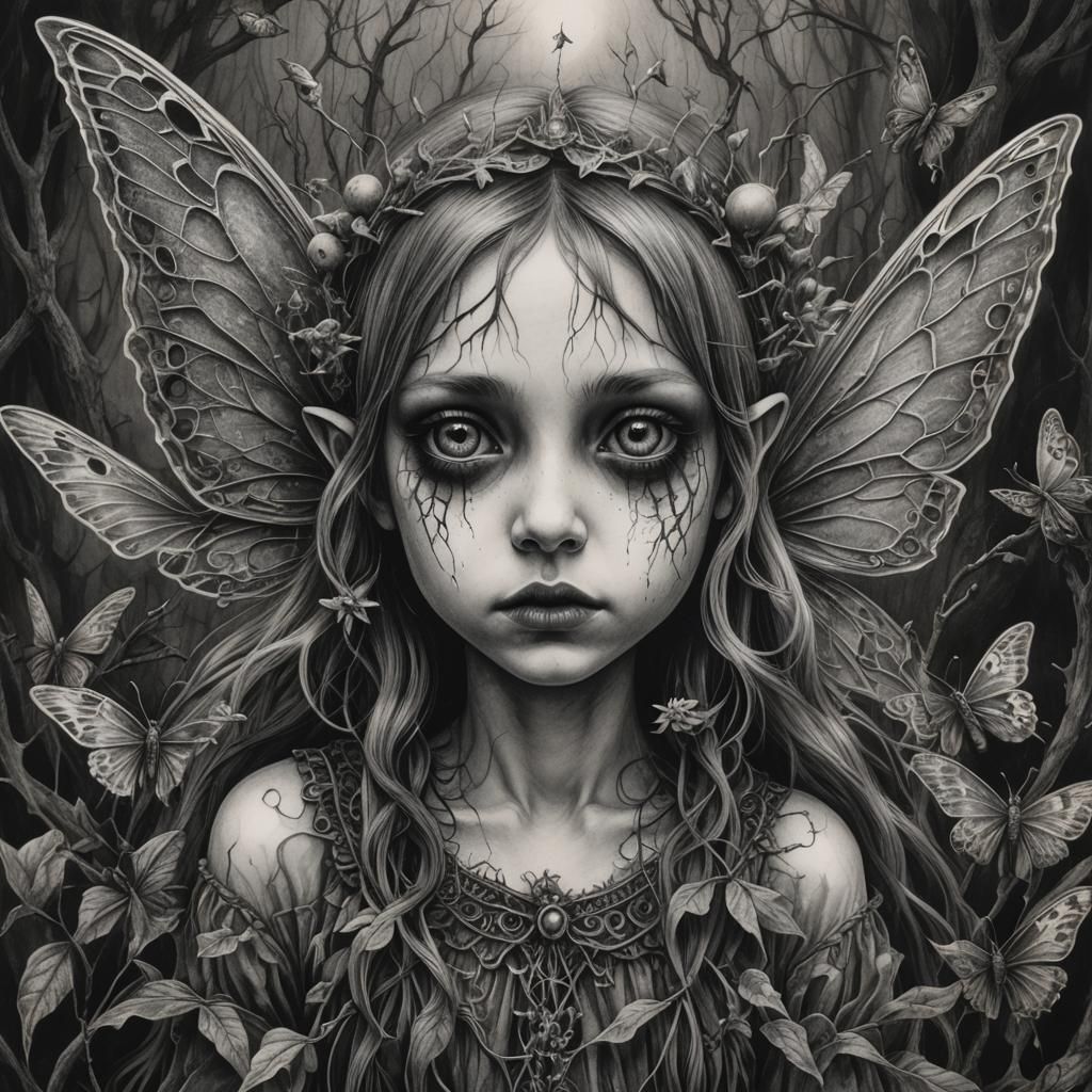 Creepy Fairy in Hyperdetailed Charcoal Drawing