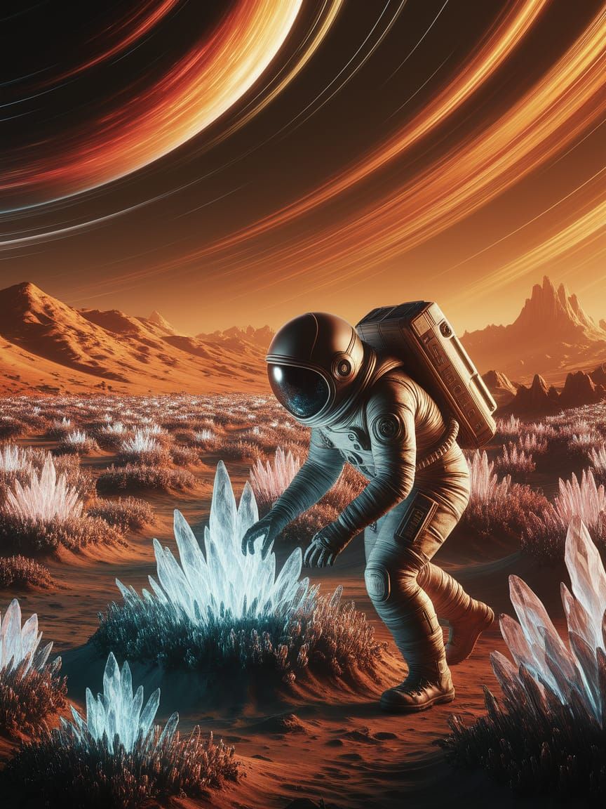 Astronaut Tends Alien Bioluminescent Garden Under Swirling N...