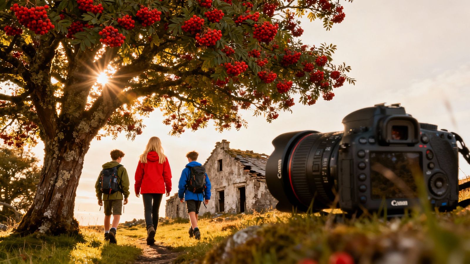 Hikers Approach Ruined Croft House in Golden Hour Light