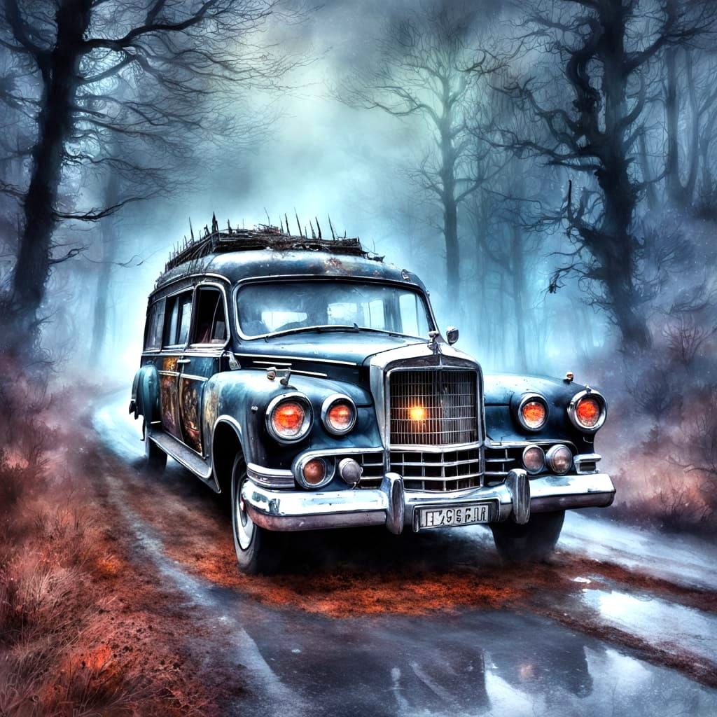 Eerie Hearse on Foggy Road in Watercolour Style