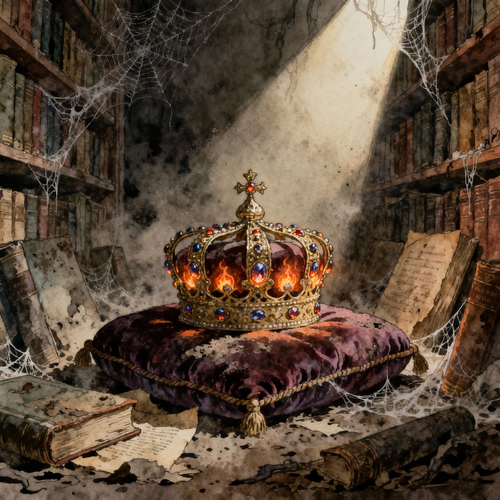 Ornate Crown of Glowing Embers on Velvet Cushion