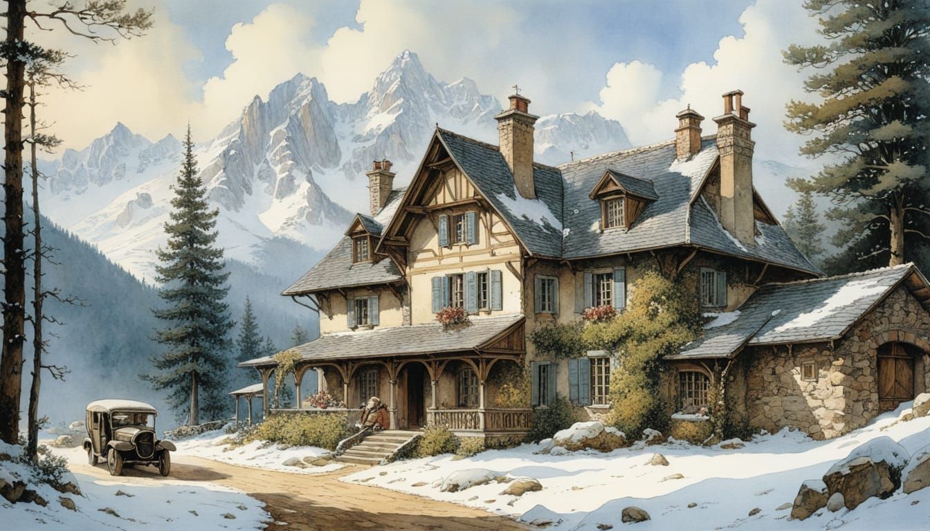 Alpine Villa in WWII, Watercolor Oil-Painting