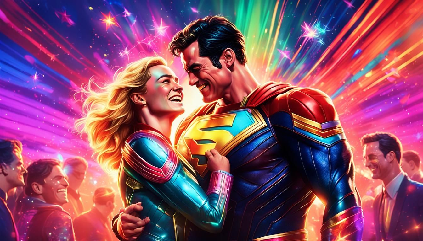 Captain Marvel and Superman Party Portrait in Synthwave Styl...