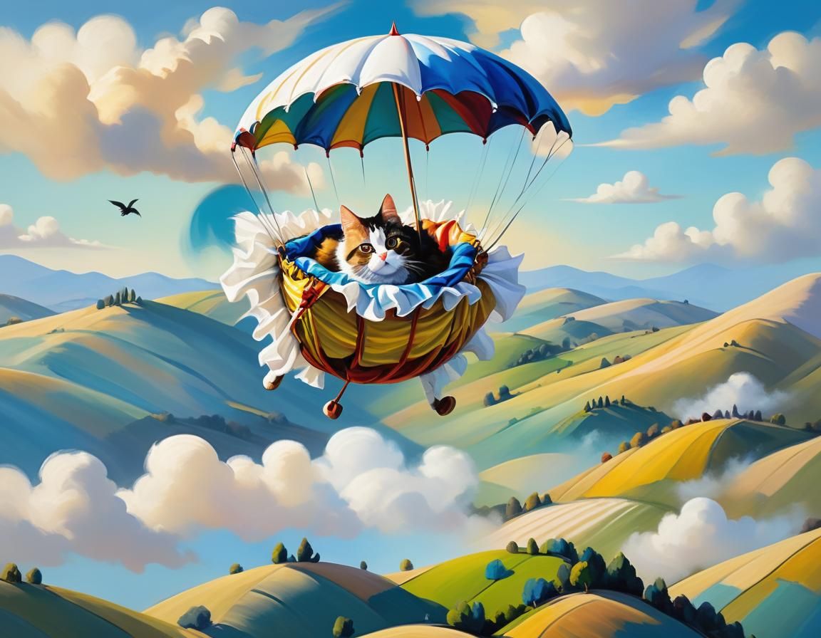 Cat in Parachute over Rolling Hills: Oil Painting
