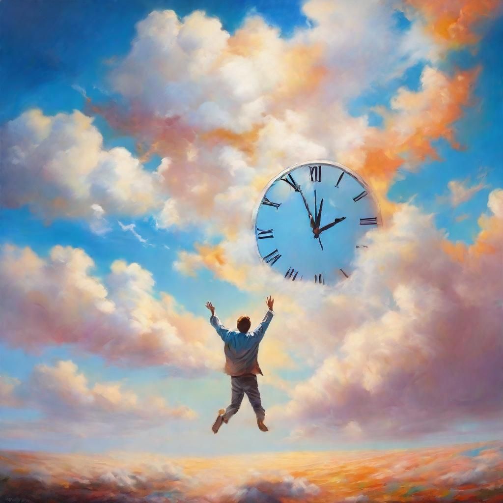 Surreal Person Ascending into Dreamy Sky