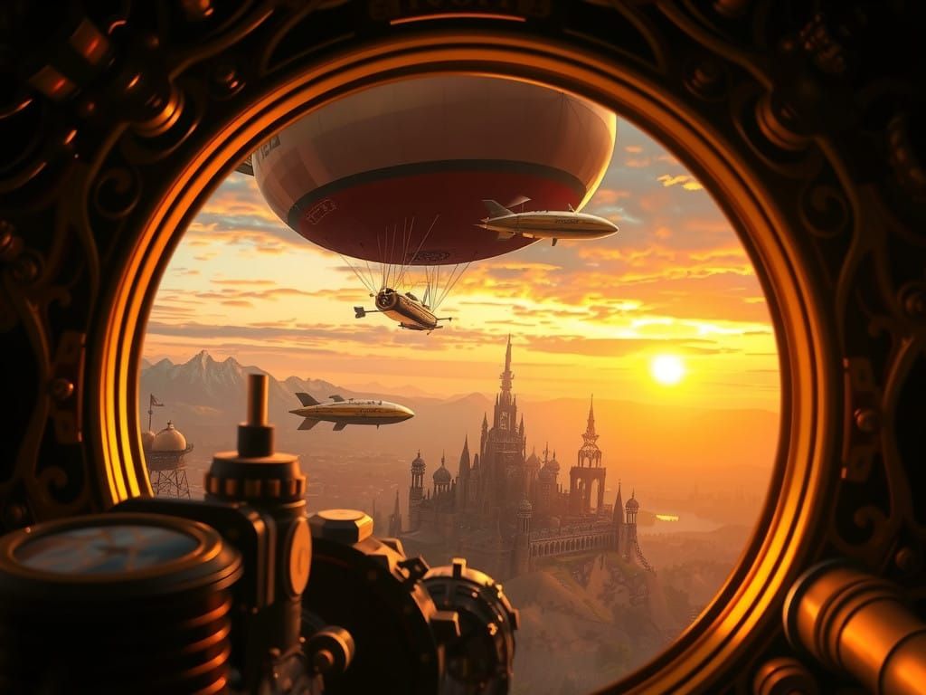 Steampunk Airship Over Mystical Realm