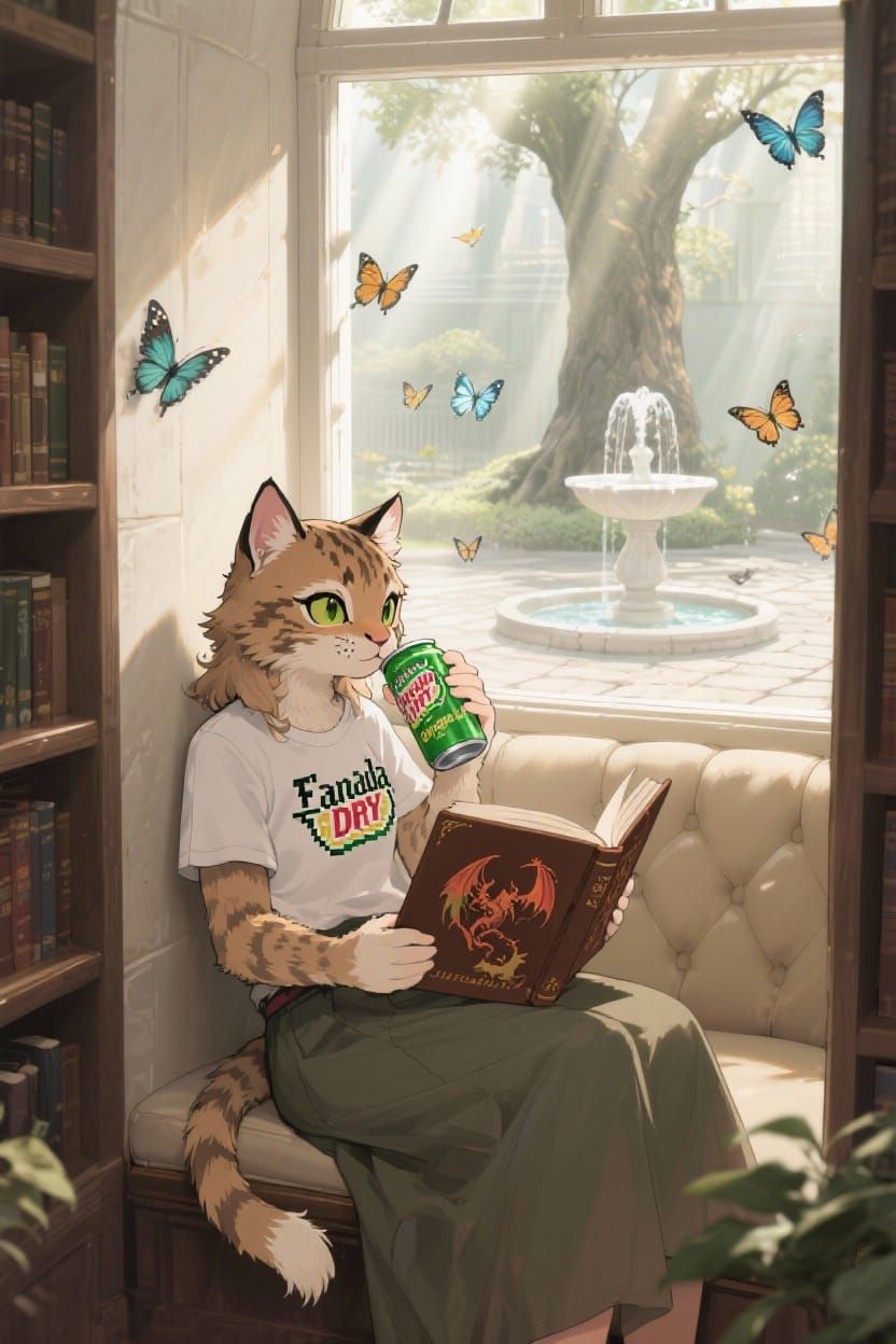 Anthropomorphic Lynx Reading in Library Nook