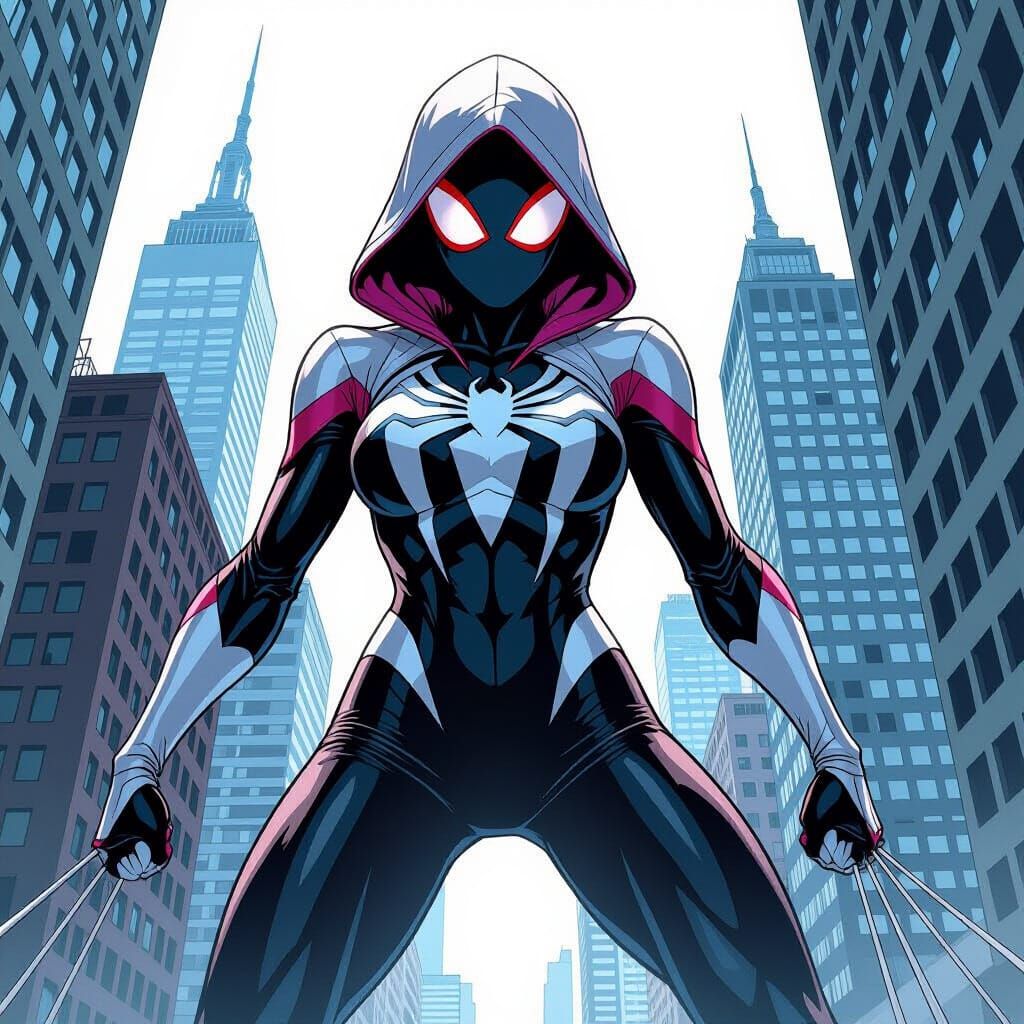 Giant Spider-Gwen Towers Over City in Comic Style