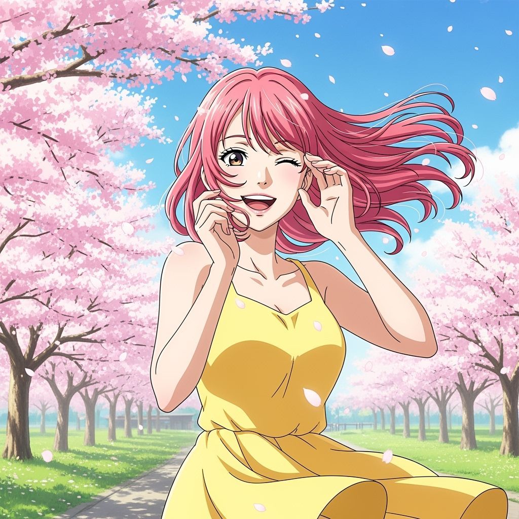 Anime Woman with Pink Hair in Blossom Garden