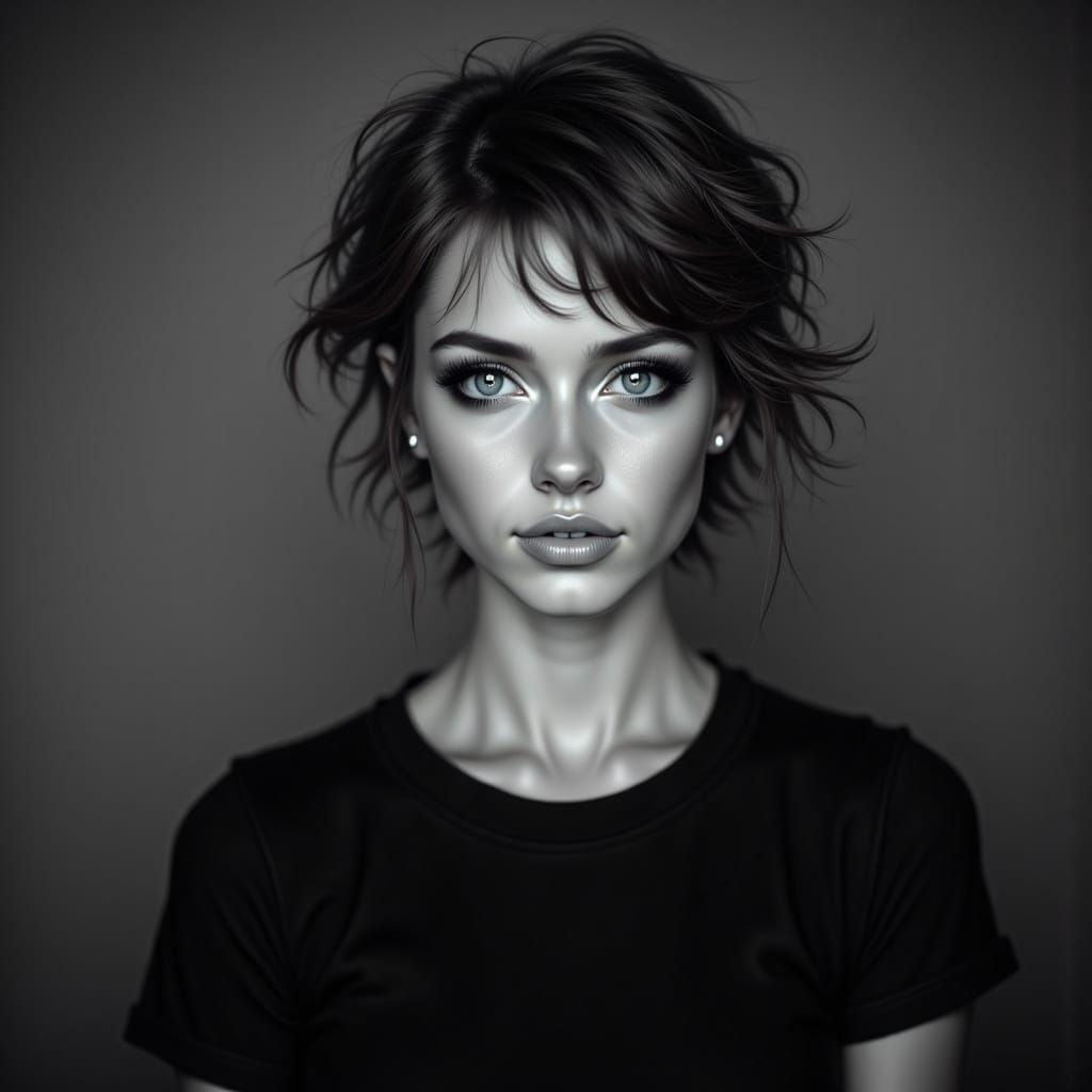 Studio Portrait of Woman with Blue Eyes in Chiaroscuro Light...