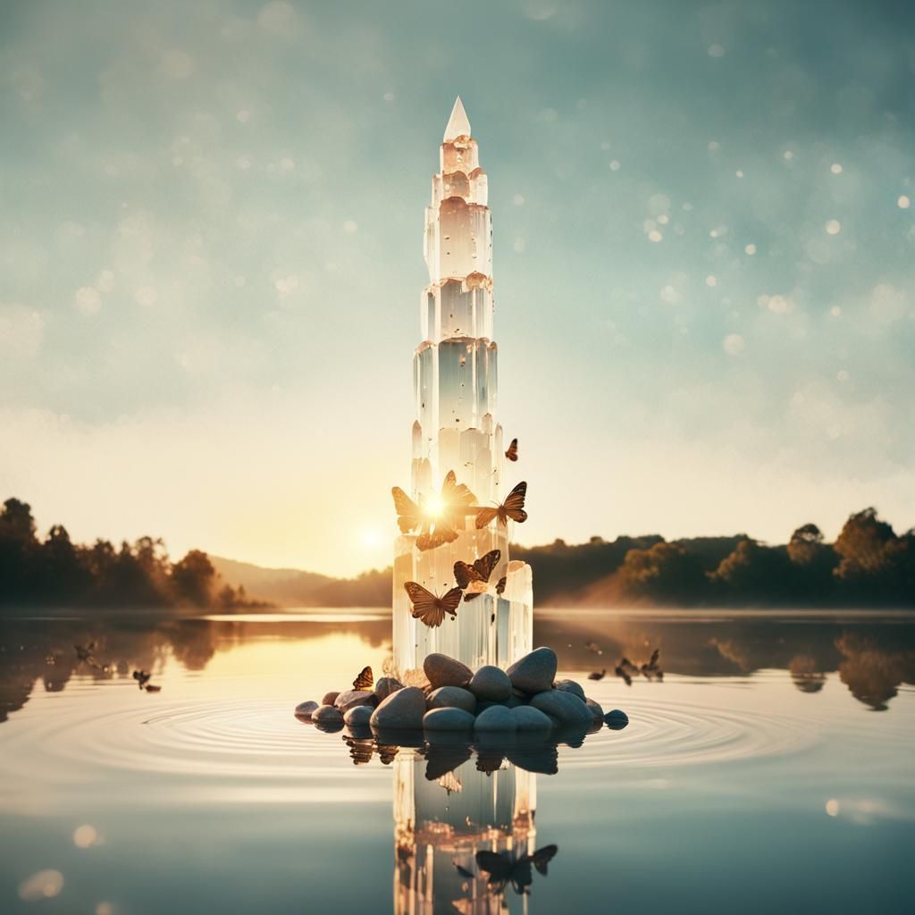 Quartz Crystal Tower Sunrise Reflection in Cinematic Style