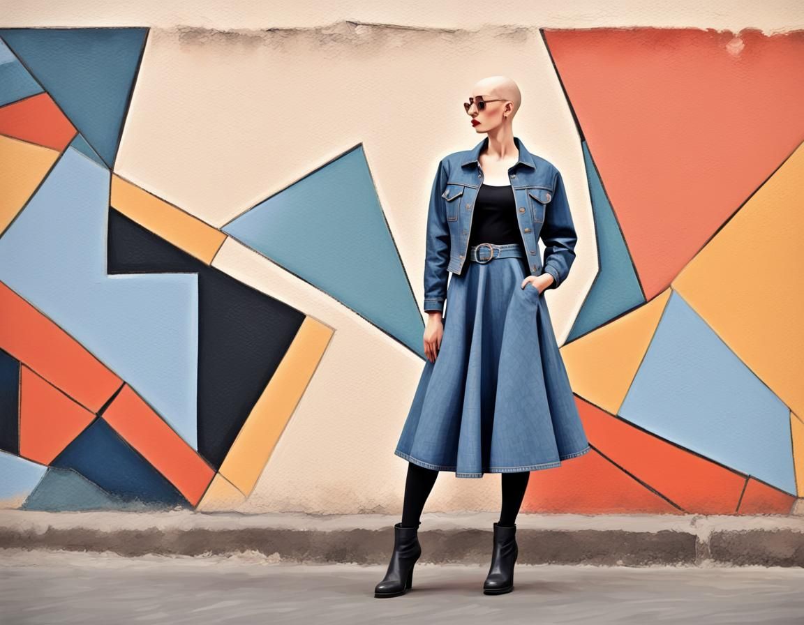 Bald Woman in Rockabilly Dress: Abstract Cubism