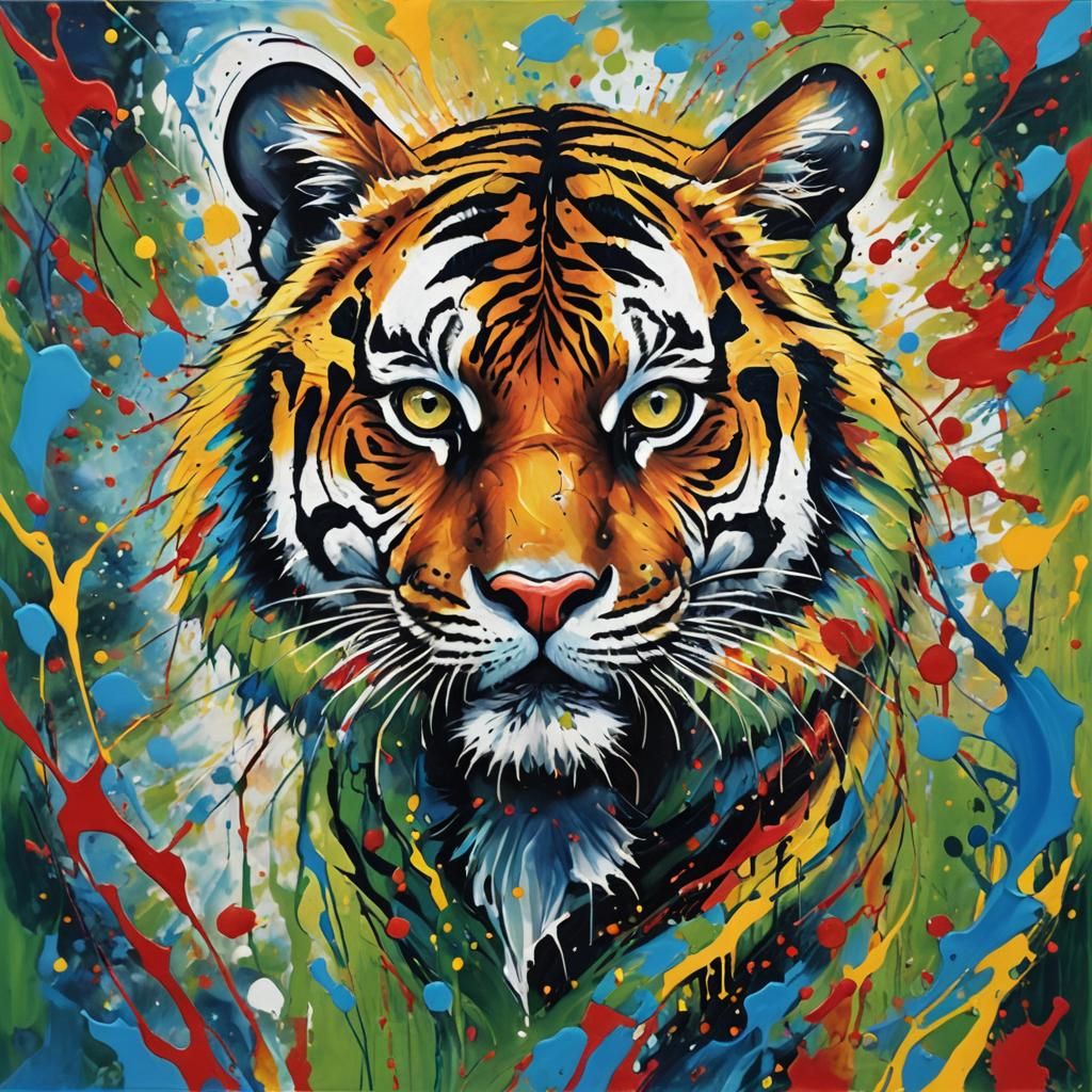 Vivid Tiger Portrait on Abstract Acrylic Canvas