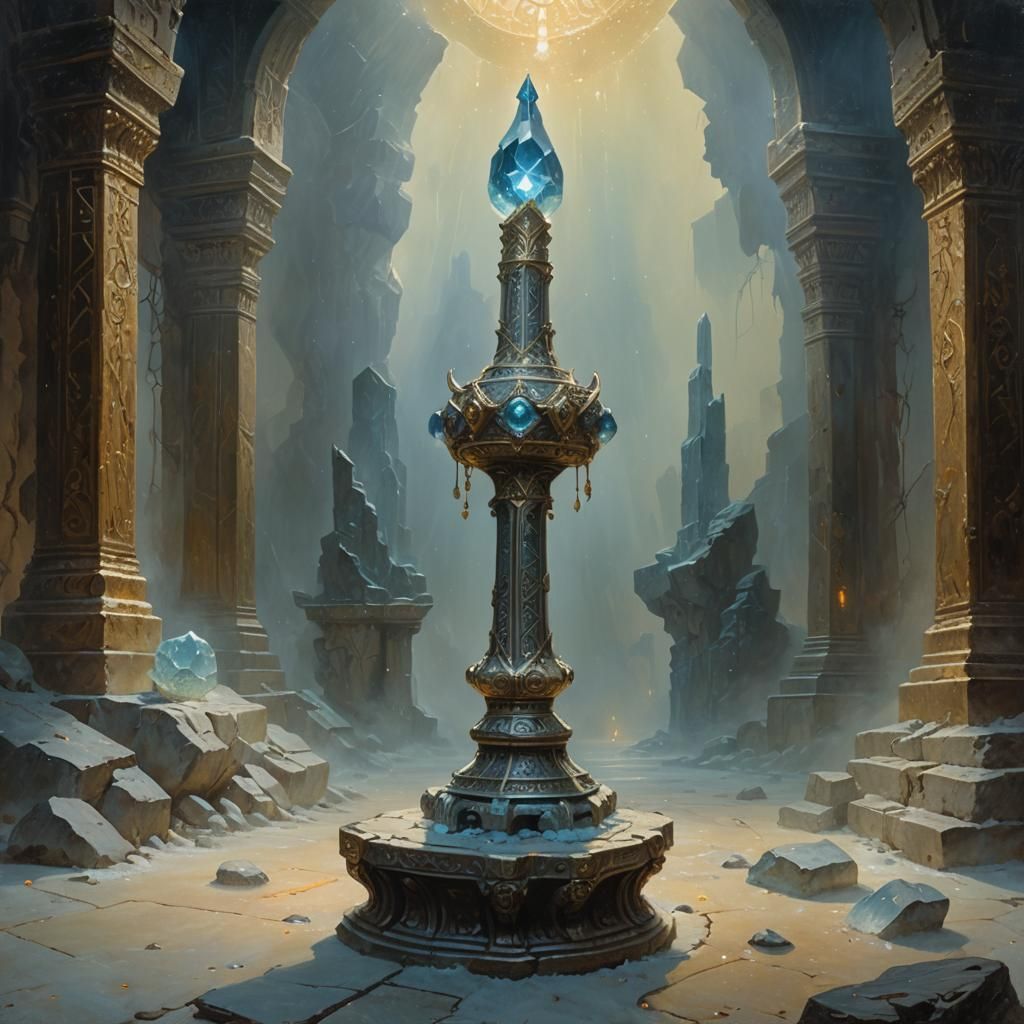 Mystical Scepter with Glowing Crystals in Oil Painting Style