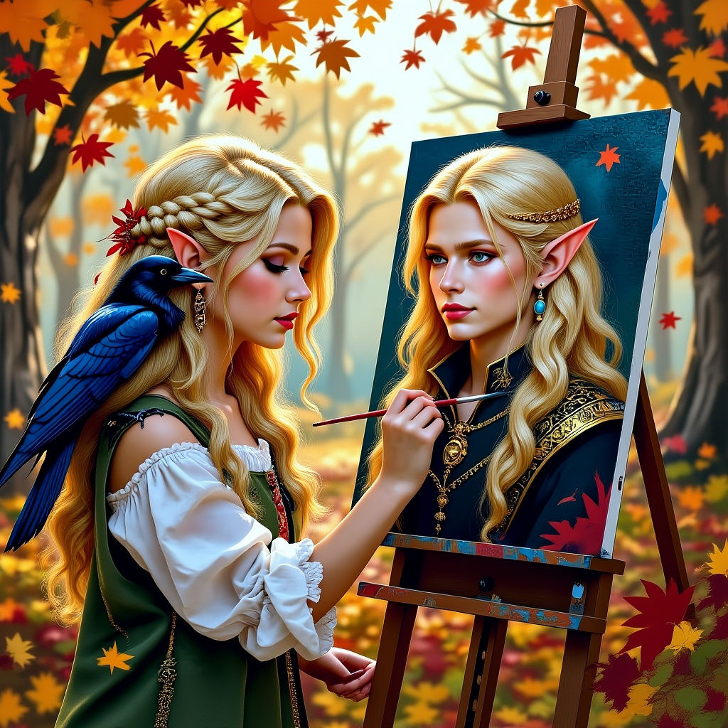 Girl Painting Elf Prince with Raven