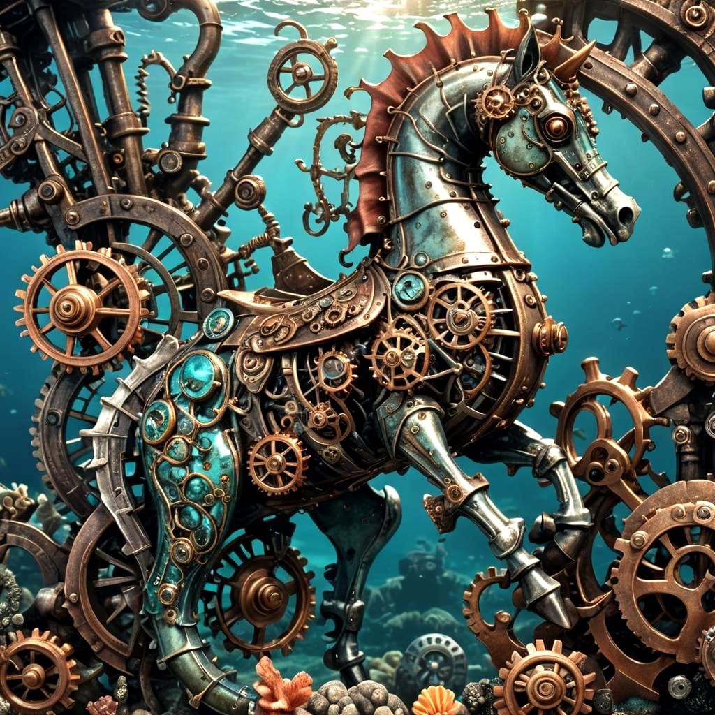 Steampunk Seahorse in Sunlit Coral Reef