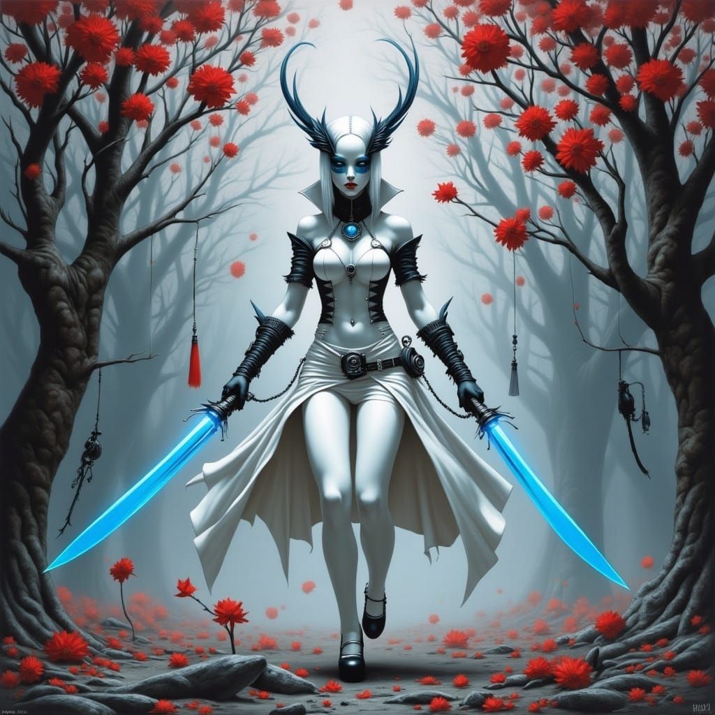 Oni Woman with Glowing Swords in Goth Punk Style