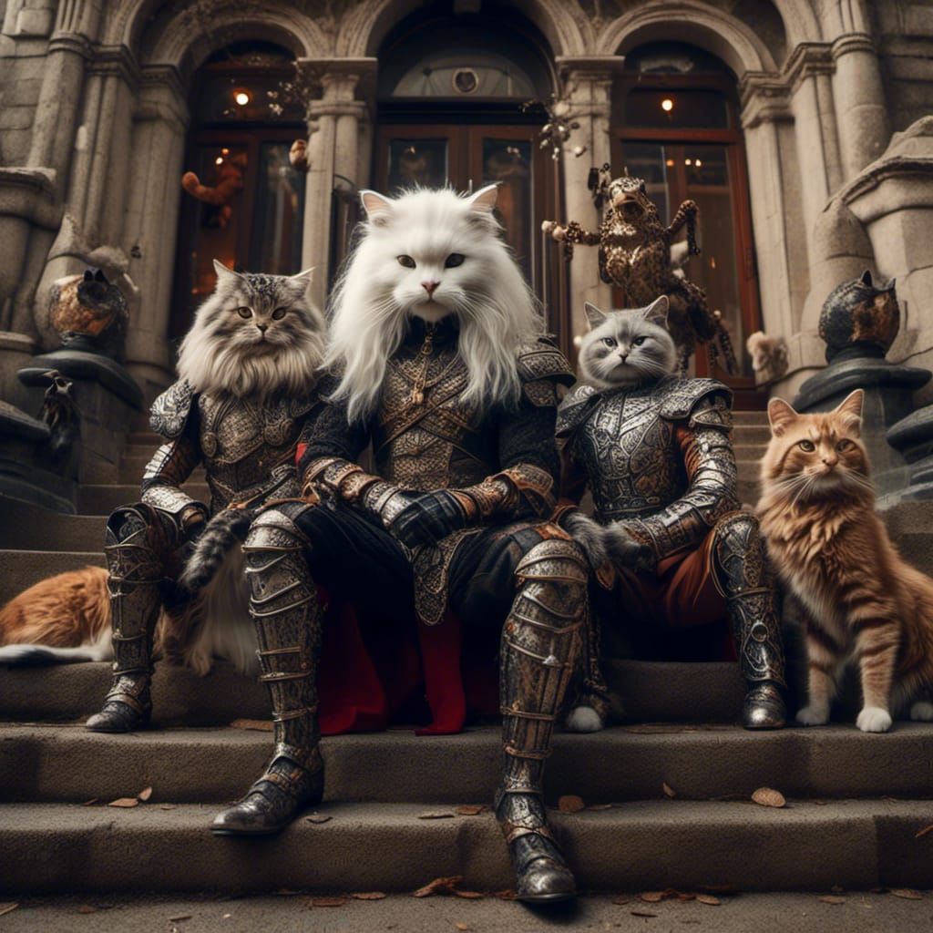 Armored Cats Guarding Men in Victorian Street Art Scene
