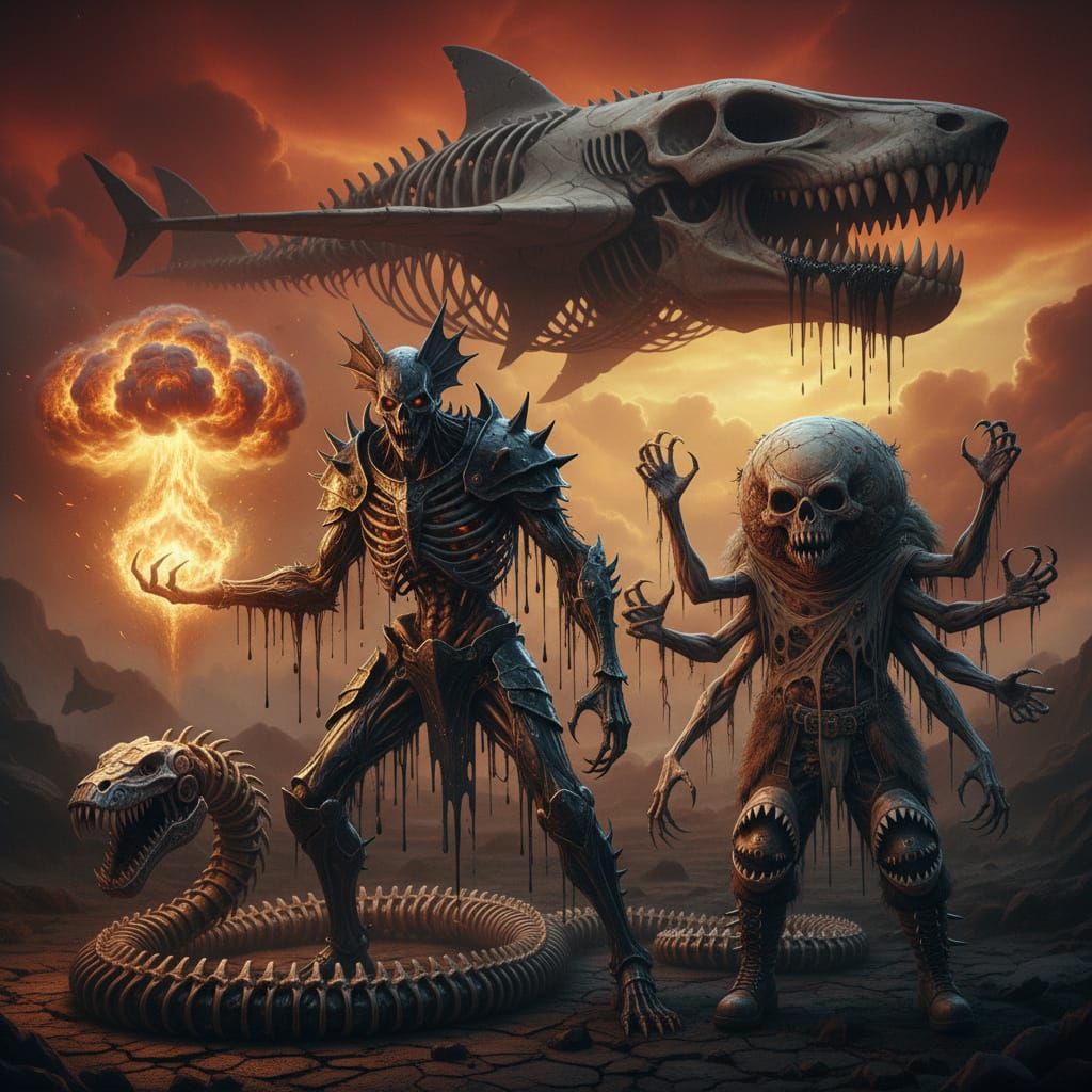 Creepy Gargoyle Cyborg with Fiery Explosion