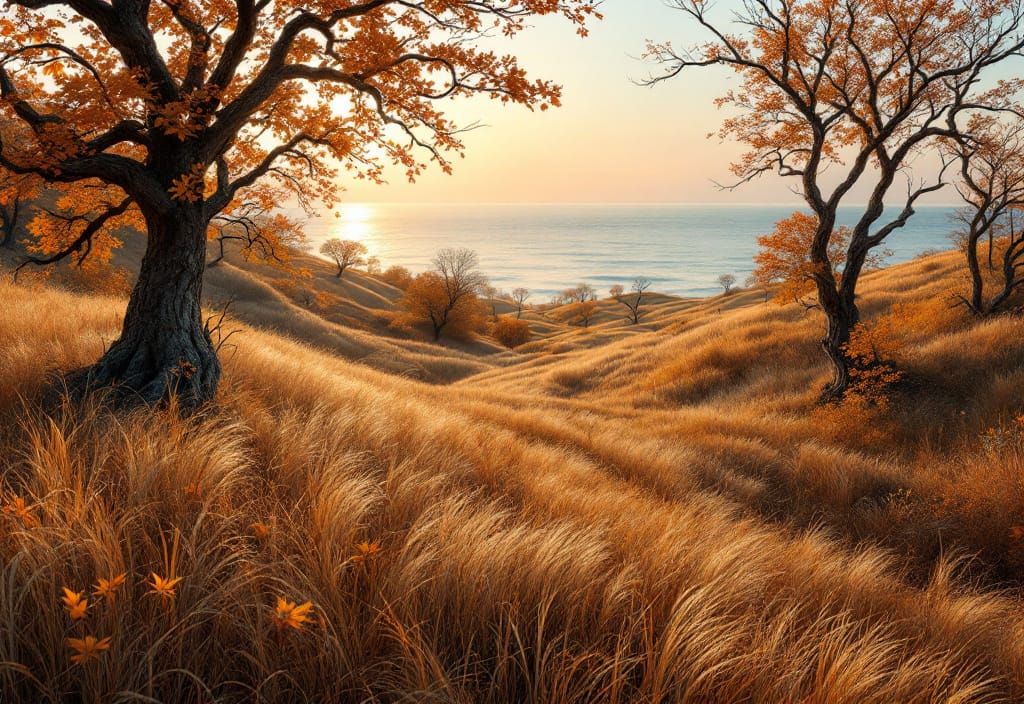 Autumn Landscape with Golden Grass and Lake Michigan