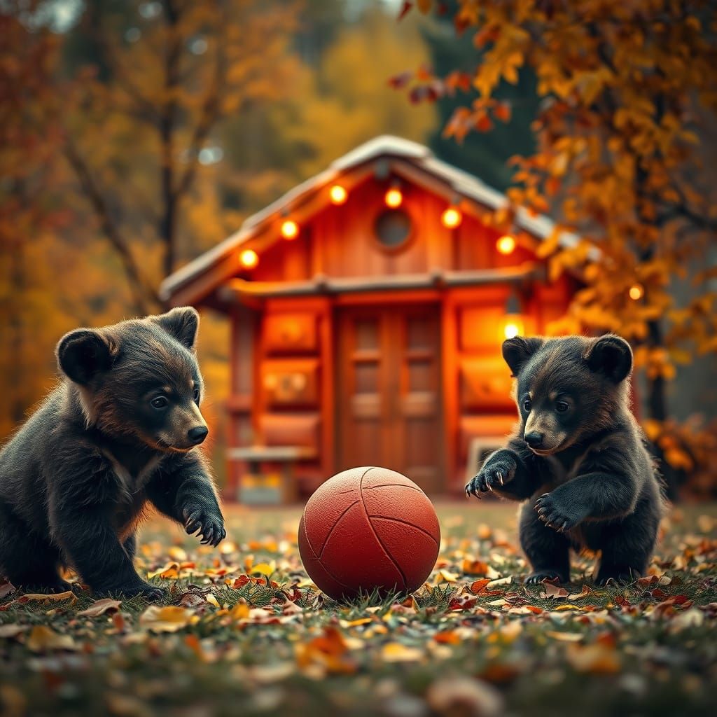 Bear Cubs Play With Red Ball in Fall Landscape