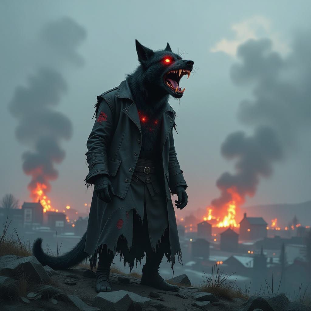 Hellhound Laughing Over Burning Cyberpunk City