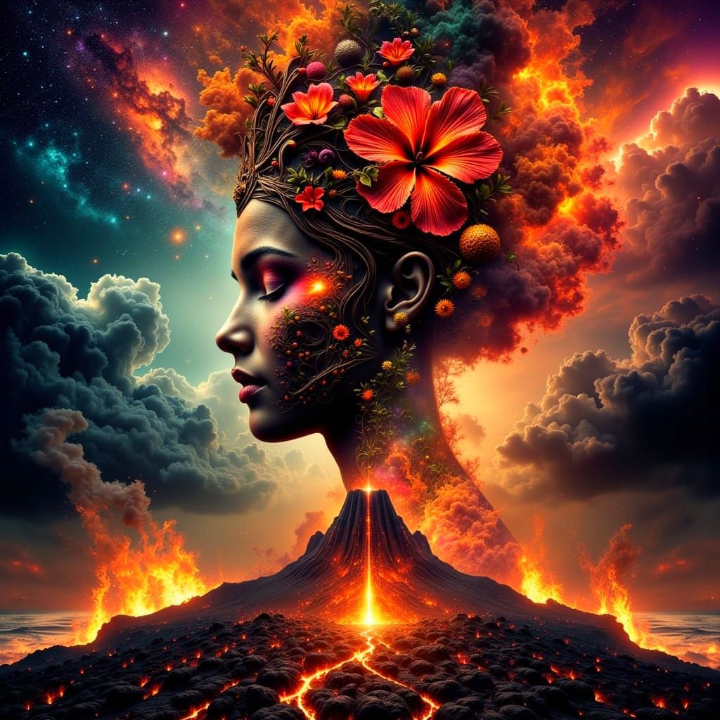 Pele's Fiery Confrontation in Hawaiian Night Sky