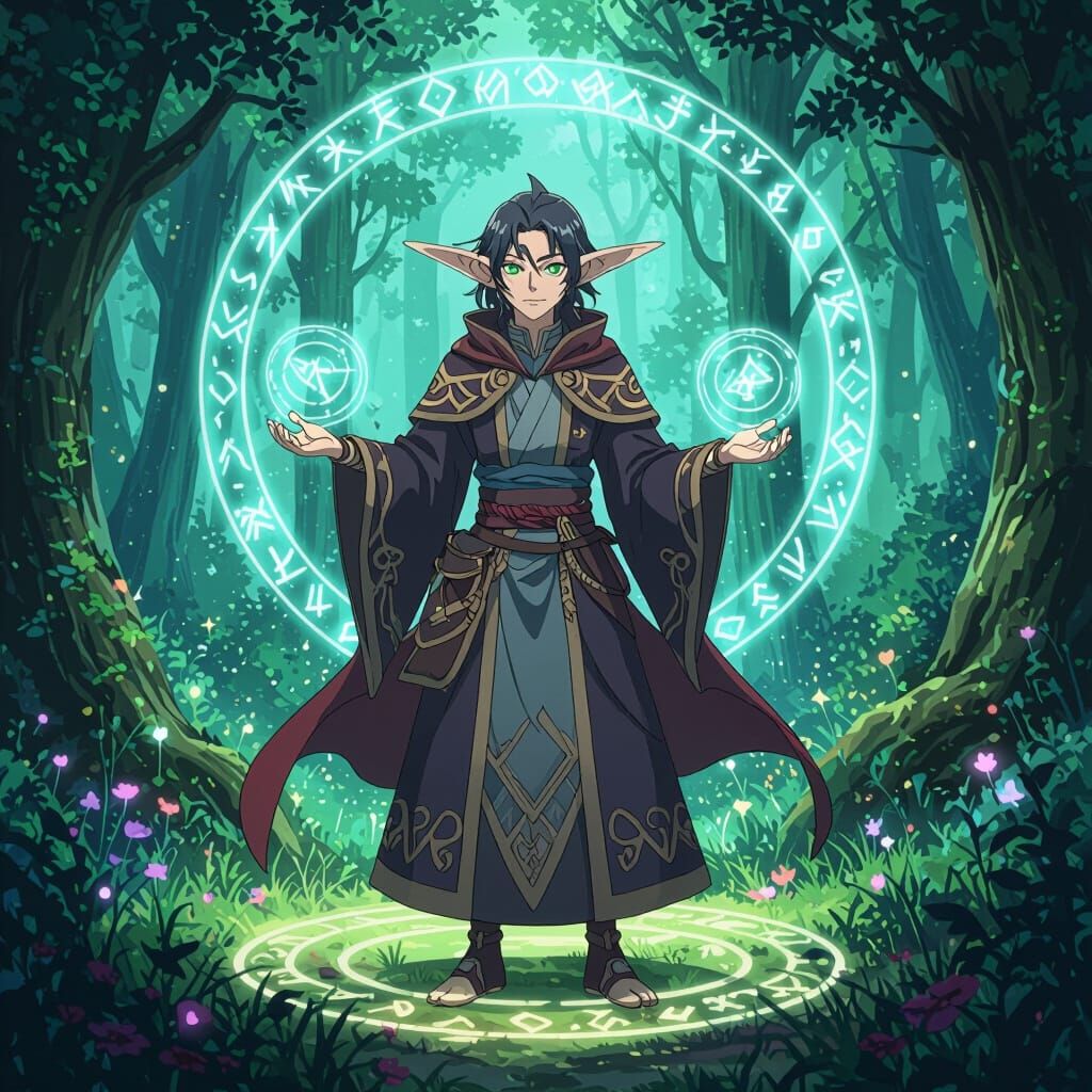Anime Elf Acolyte Summoner in Mystical Forest