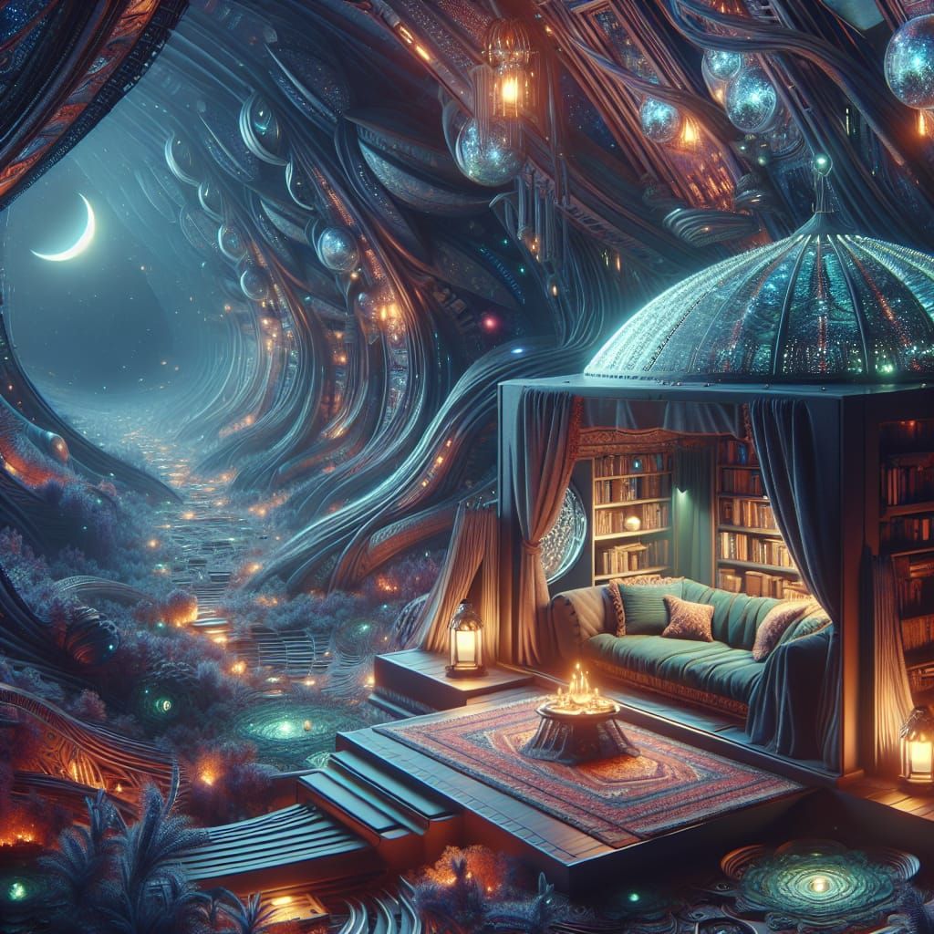 Cozy Night in an Alien Spaceship: Fantasy Concept Art