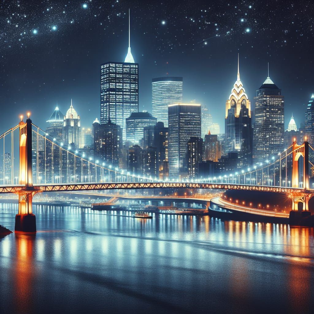 Illuminated Cityscape with Glowing Suspension Bridge at Nigh...