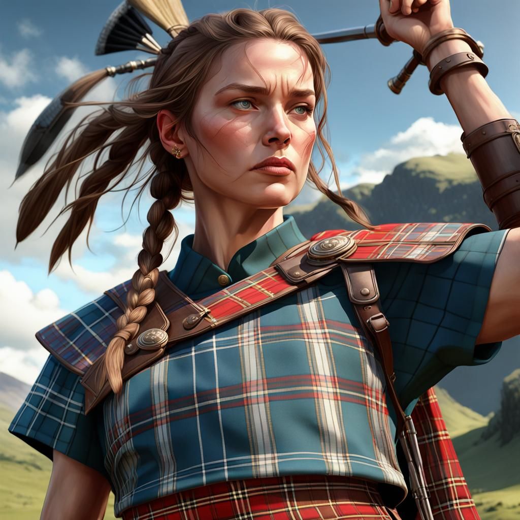 Scottish Warrior Woman in Plaid Kilt: 3D Portrait