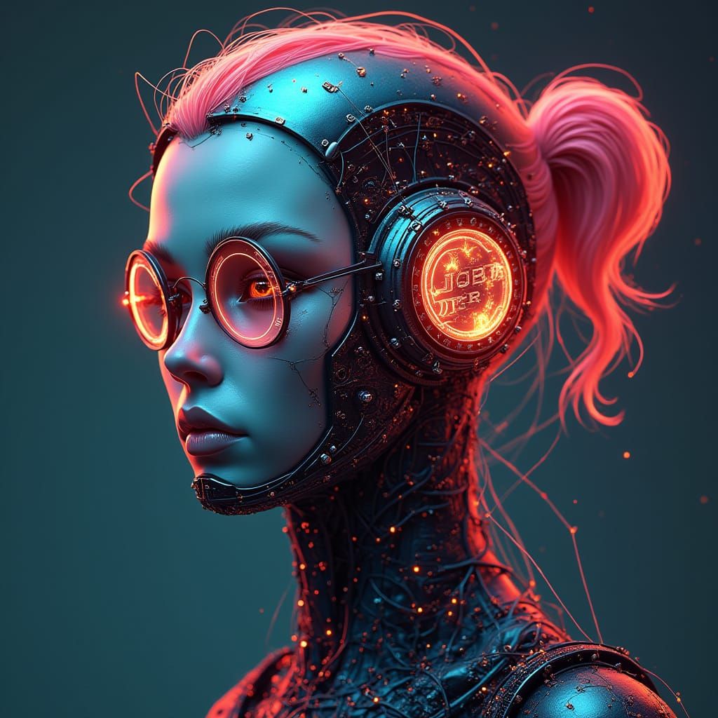 Cyberpunk Cyborg Punk Icon with Sentient Life and Crypto Sym...