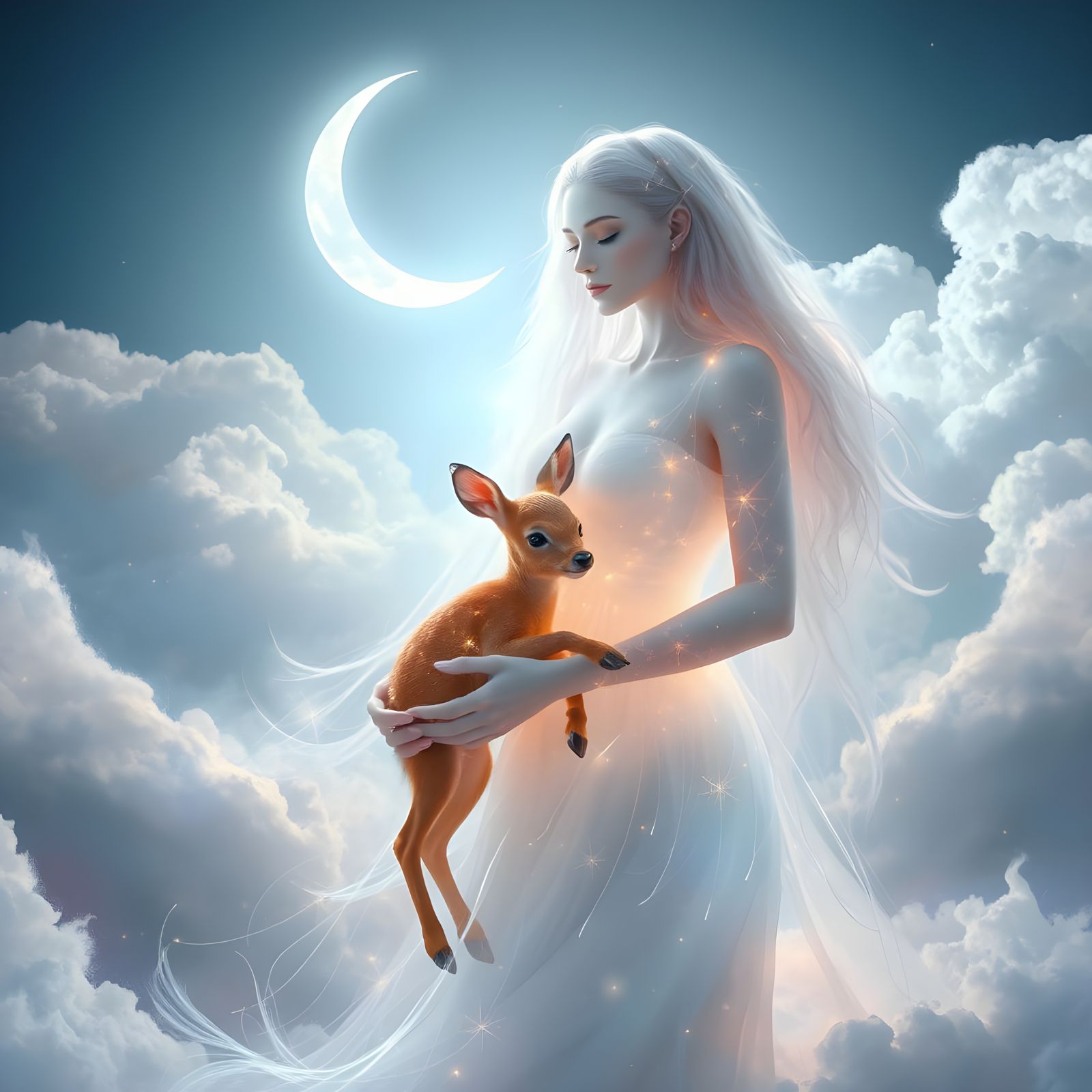 Glowing Goddess of Luminosity in Whimsical Cloudscape