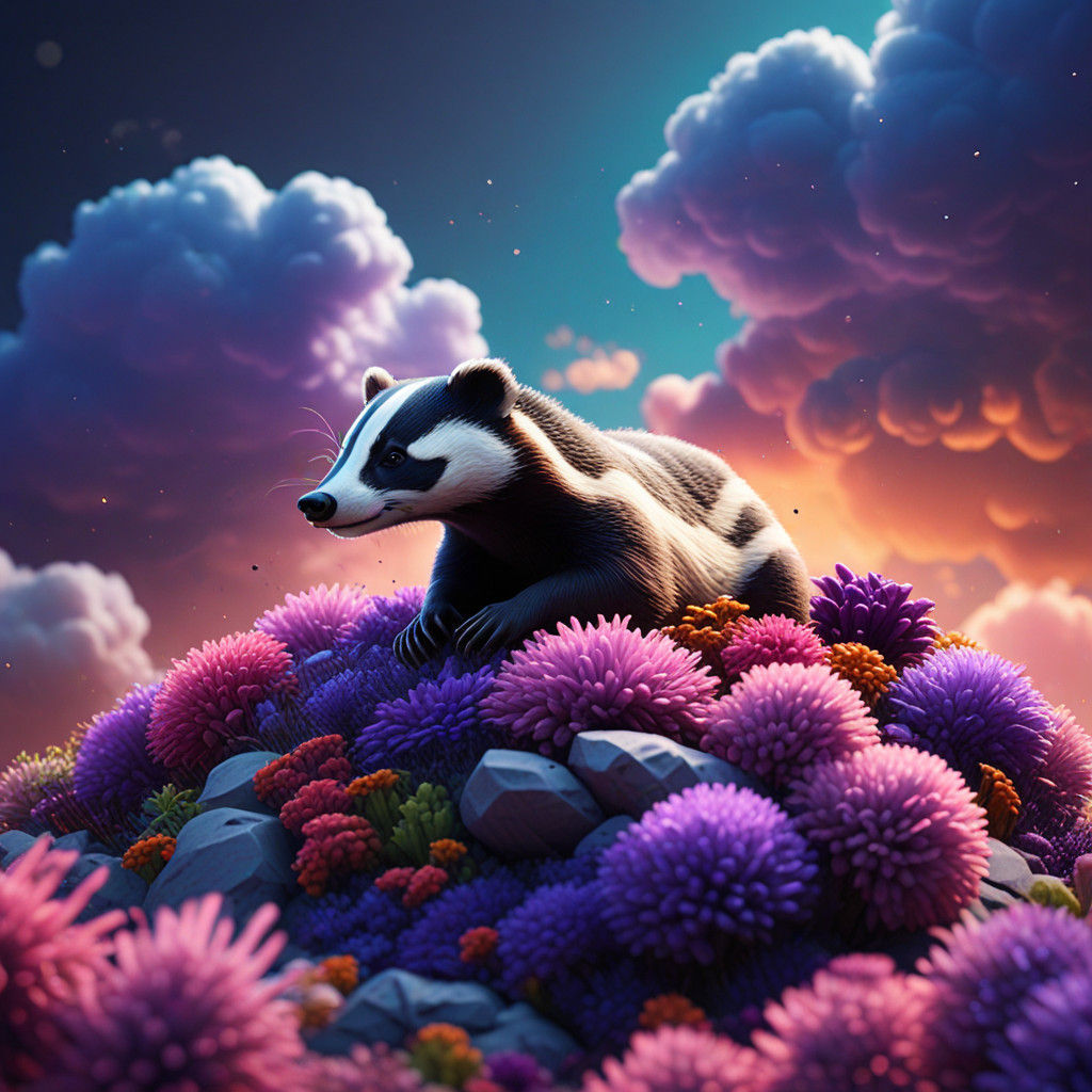 Whimsical Cloudscape with a Serene Baby Badger in Soft Focal...
